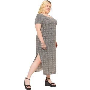 6X 30W Torrid Black Tan Ditsy Tribal Print Maxi Dress Slit Super Soft Stretch NW